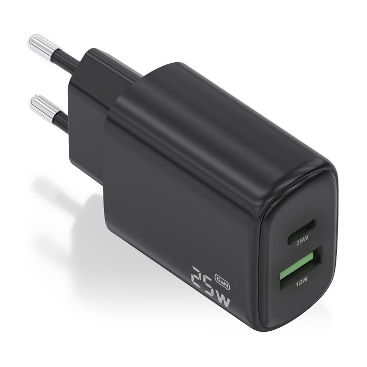 AISENS GaN Charger 25W, 1xUSB-C PD3.0, 1xUSB-A QC3.0, Black