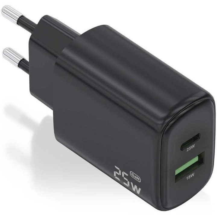 AISENS Cargador GaN 25W, 1xUSB-C PD3.0, 1xUSB-A QC3.0, Negro