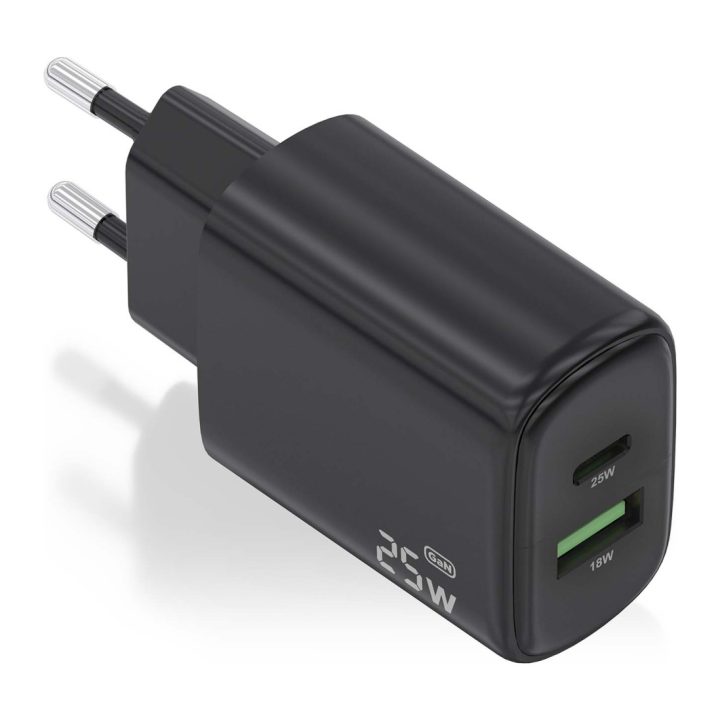 AISENS GaN Charger 25W, 1xUSB-C PD3.0, 1xUSB-A QC3.0, Black