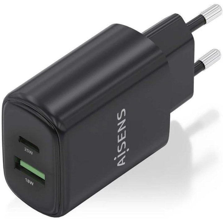 AISENS Cargador GaN 25W, 1xUSB-C PD3.0, 1xUSB-A QC3.0, Negro