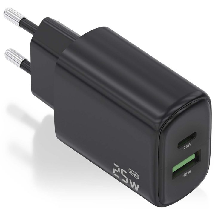 AISENS GaN Charger 25W, 1xUSB-C PD3.0, 1xUSB-A QC3.0, Black