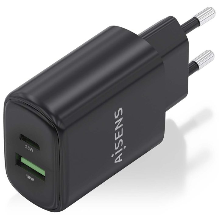 AISENS Carregador GaN 25W, 1xUSB-C PD3.0, 1xUSB-A QC3.0, Preto