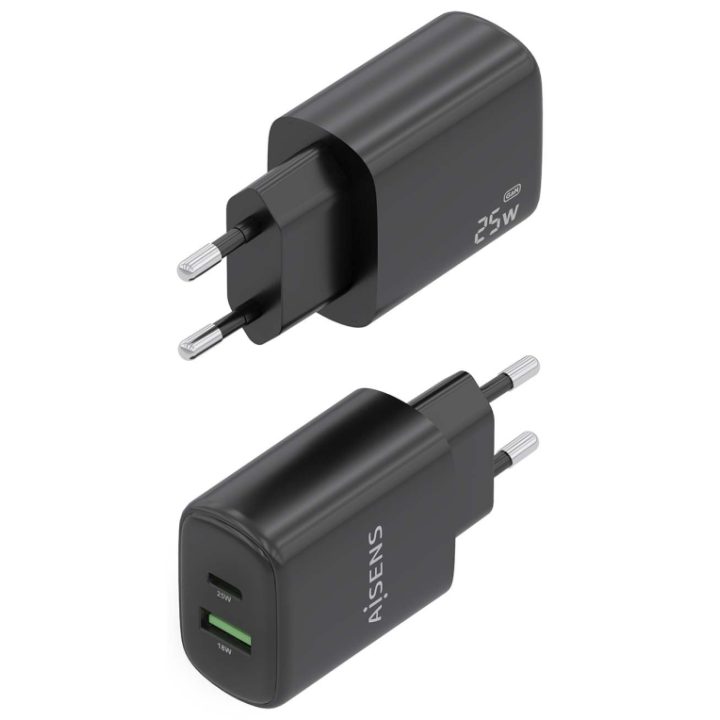 AISENS Carregador GaN 25W, 1xUSB-C PD3.0, 1xUSB-A QC3.0, Preto