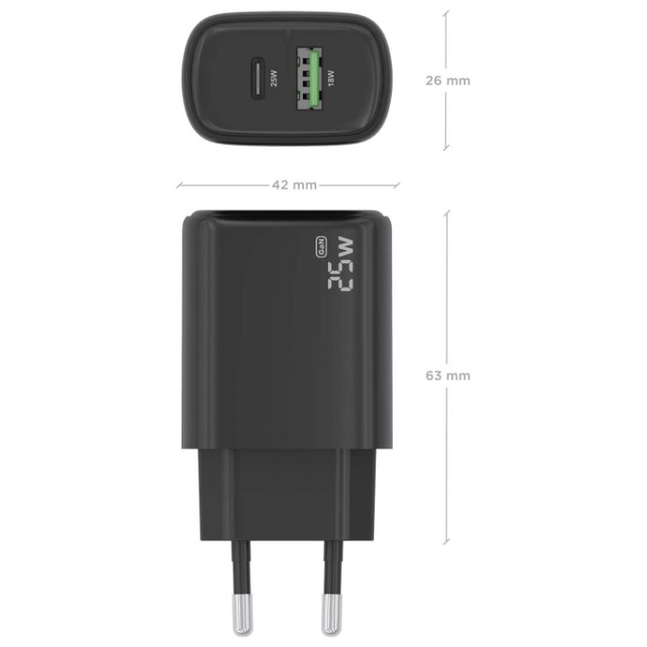 AISENS Cargador GaN 25W, 1xUSB-C PD3.0, 1xUSB-A QC3.0, Negro
