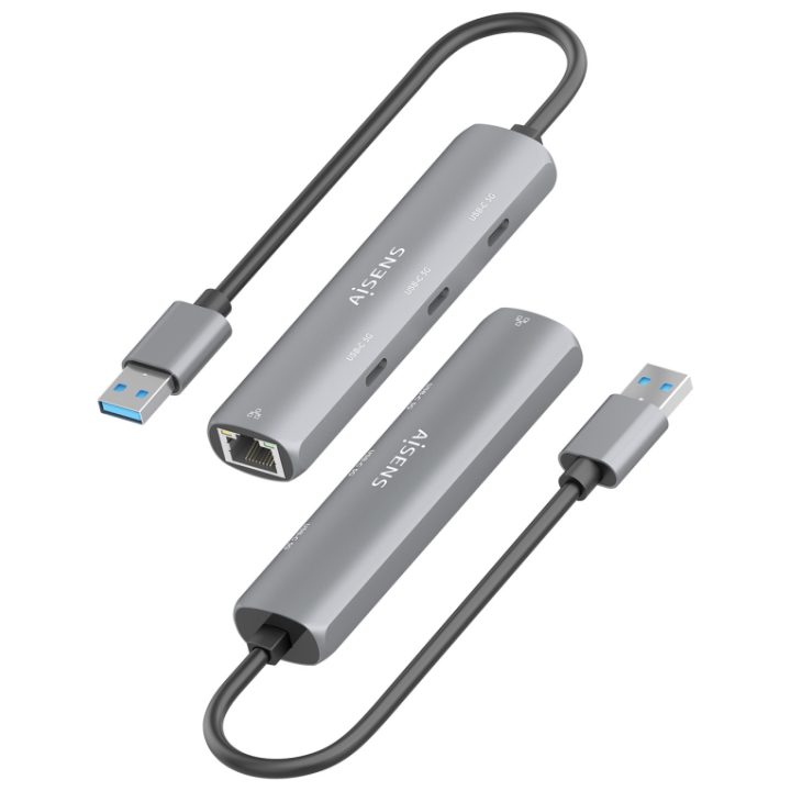 AISENS USB3.0 Dock USB-A to Gigabit Ethernet + 3xUSB-C Hub, Gray, 15cm