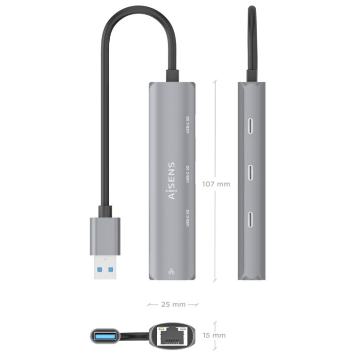 AISENS USB3.0 Dock USB-A to Gigabit Ethernet + 3xUSB-C Hub, Gray, 15cm