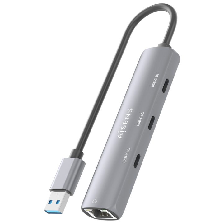 AISENS USB3.0 Dock USB-A to Gigabit Ethernet + 3xUSB-C Hub, Gray, 15cm
