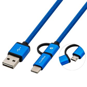 CoolBox CABO TRANÇADO DE USB-A PARA MICRO-USB E USB-C AZUL