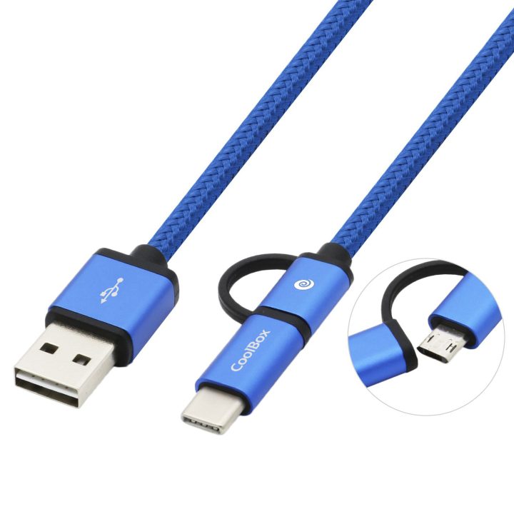 CoolBox CABO TRANÇADO DE USB-A PARA MICRO-USB E USB-C AZUL