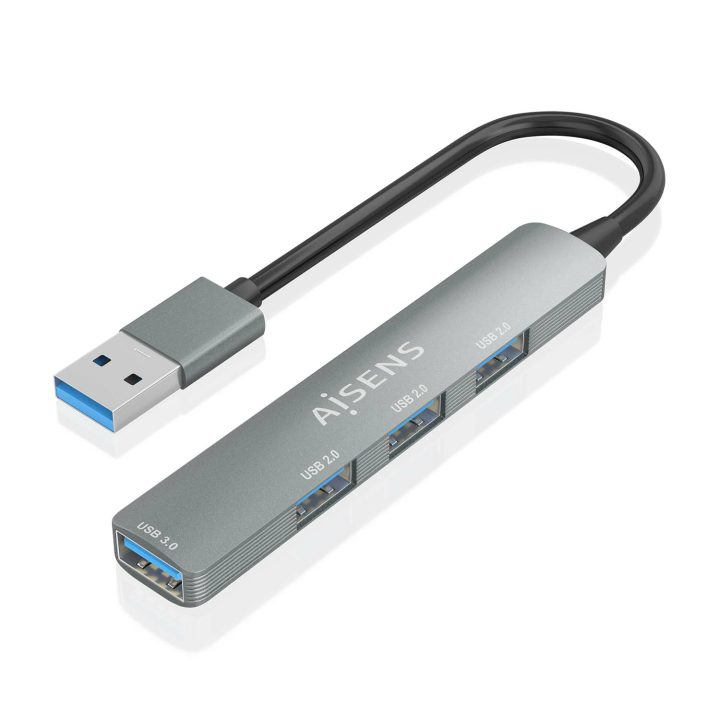 AISENS HUB USB 3.0 Alumínio, 1xUSB3.0 A/H+3xUSB2.0 A/H, Cinzento, 10cm