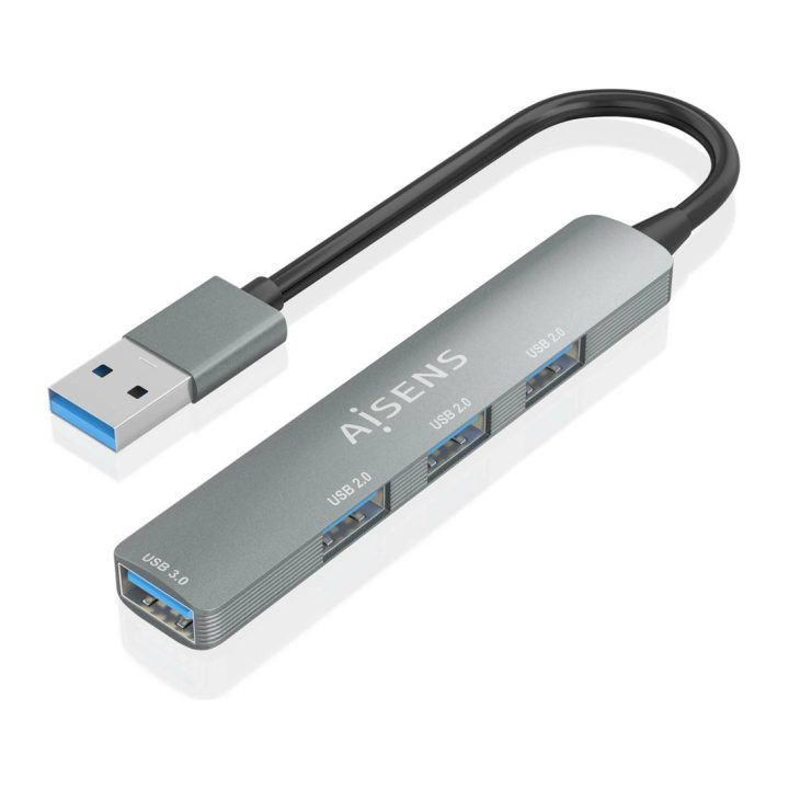 AISENS HUB USB 3.0 Alumínio, 1xUSB3.0 A/H+3xUSB2.0 A/H, Cinzento, 10cm
