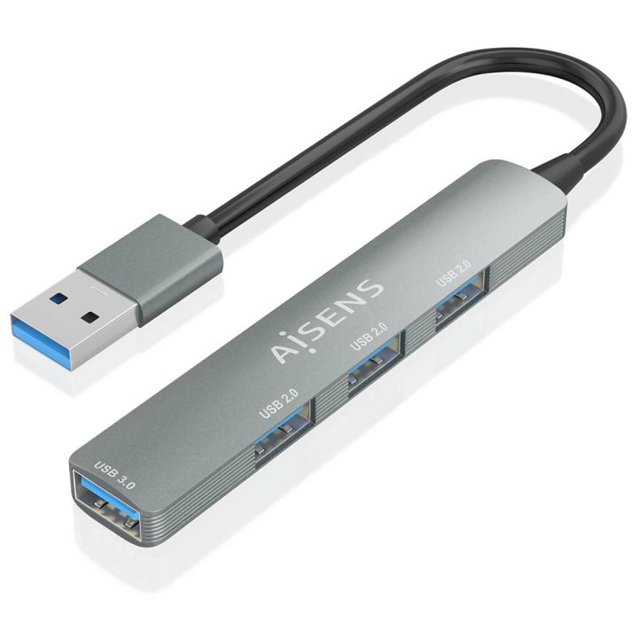AISENS HUB USB 3.0 Alumínio, 1xUSB3.0 A/H+3xUSB2.0 A/H, Cinzento, 10cm