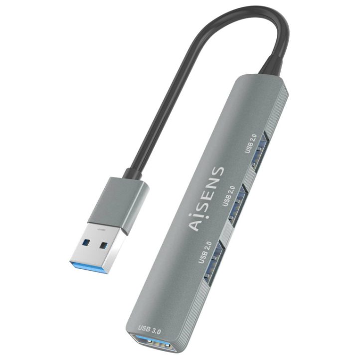 AISENS Aluminum USB 3.0 Hub, 1xUSB3.0 A/H+3xUSB2.0 A/H, Gray, 10cm