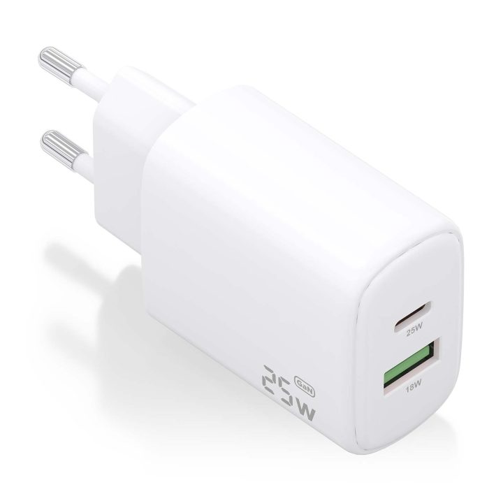 AISENS GaN 25W Charger, 1xUSB-C PD3.0, 1xUSB-A QC3.0, White