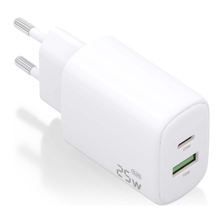 AISENS Carregador GaN 25W, 1xUSB-C PD3.0, 1xUSB-A QC3.0, Branco