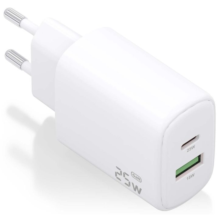 AISENS GaN 25W Charger, 1xUSB-C PD3.0, 1xUSB-A QC3.0, White