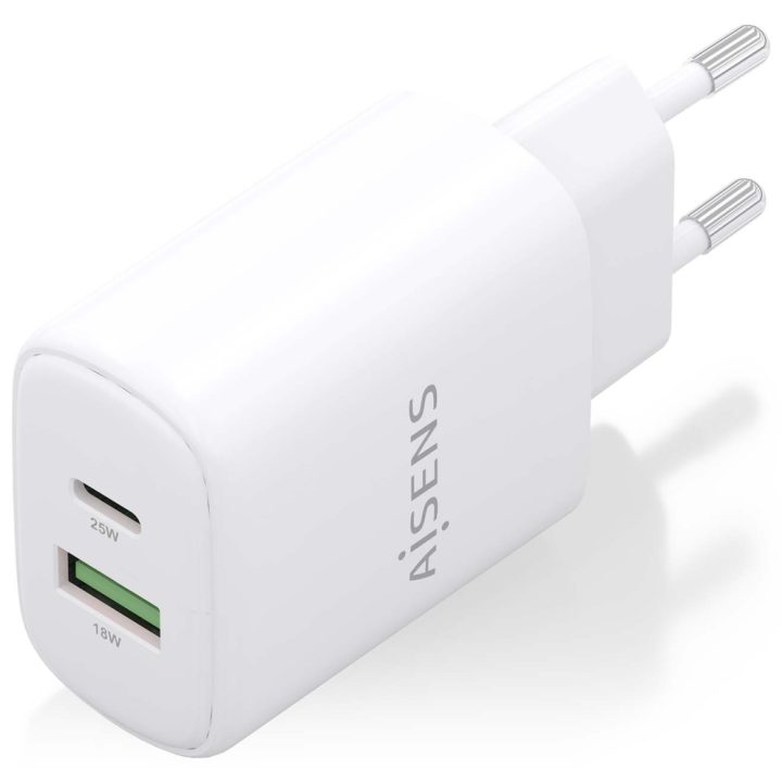 AISENS GaN 25W Charger, 1xUSB-C PD3.0, 1xUSB-A QC3.0, White
