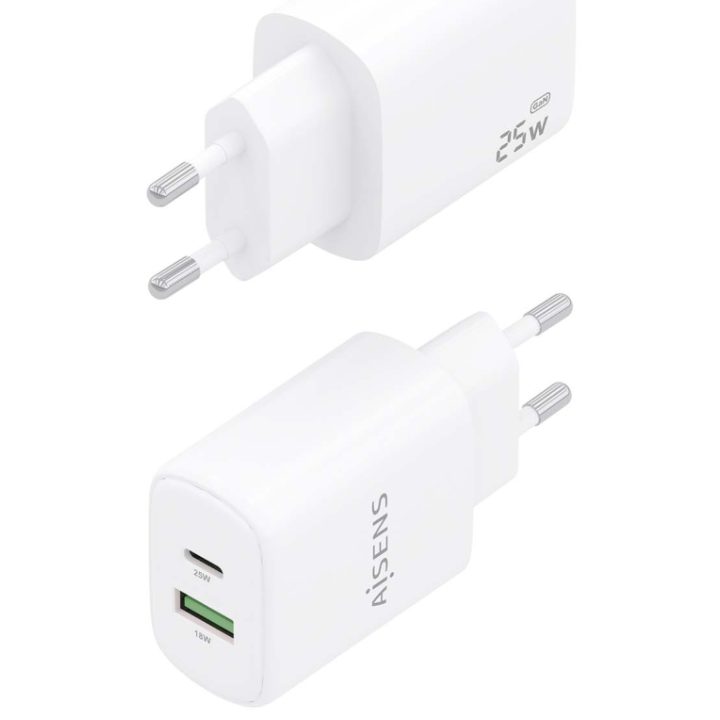AISENS GaN 25W Charger, 1xUSB-C PD3.0, 1xUSB-A QC3.0, White
