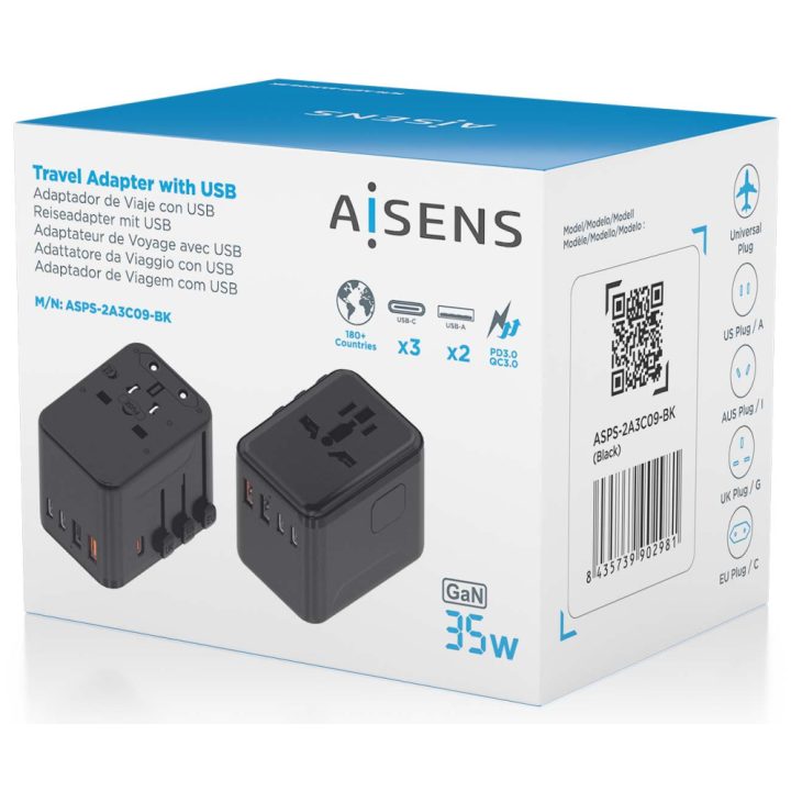 AISENS Universal Travel Plug Adapter for EU/USA/UK/AU with USB GaN…