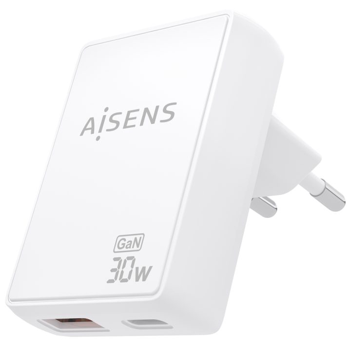 AISENS Ultra-Slim GaN Wall Charger 30W, 1xUSB-C PD3.0 QC4.0, 1xUSB-A…