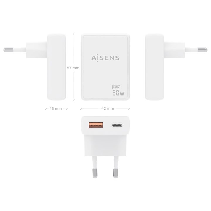 AISENS Ultra-Slim GaN Wall Charger 30W, 1xUSB-C PD3.0 QC4.0, 1xUSB-A…