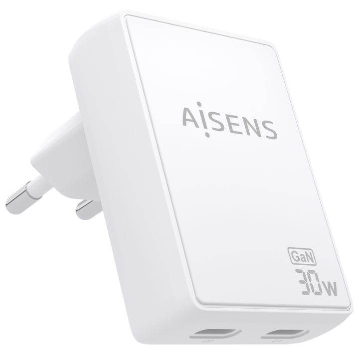 AISENS Ultra-Slim GaN Wall Charger 30W, 2xUSB-C PD3.0 QC4.0, White