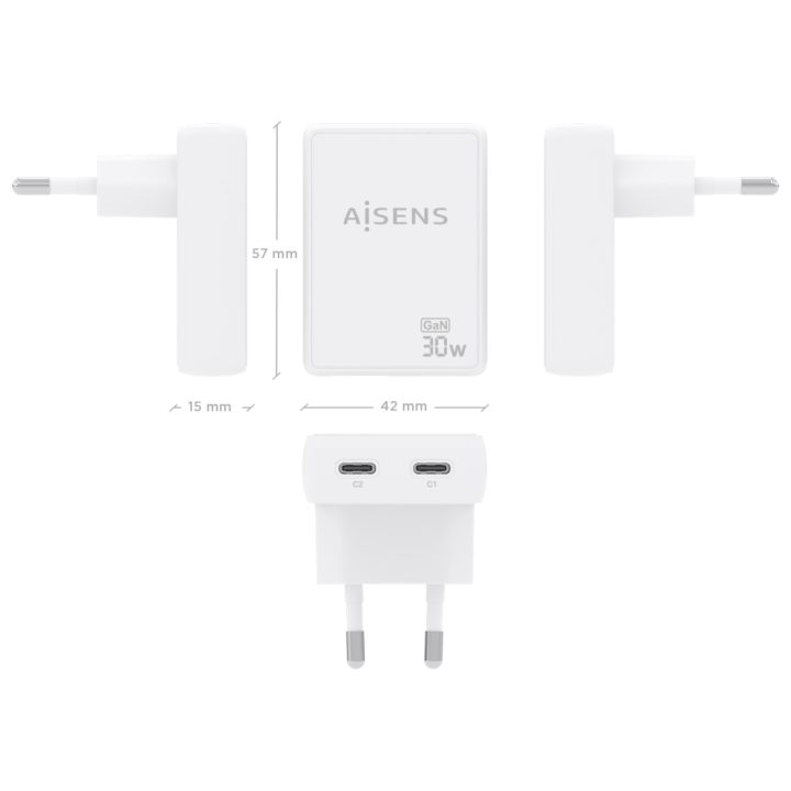 AISENS Ultra-Slim GaN Wall Charger 30W, 2xUSB-C PD3.0 QC4.0, White