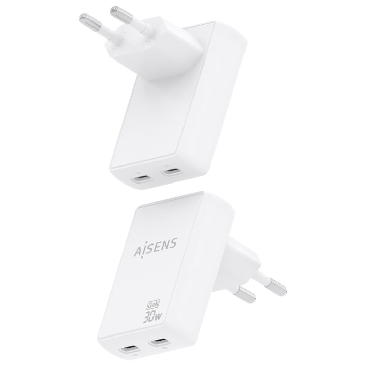 AISENS Ultra-Slim GaN Wall Charger 30W, 2xUSB-C PD3.0 QC4.0, White