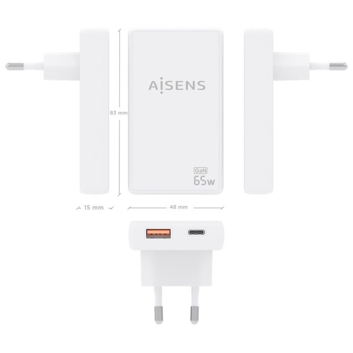 AISENS Ultra-Slim GaN Wall Charger 65W, 1xUSB-C PD3.0 QC4.0, 1xUSB-A…