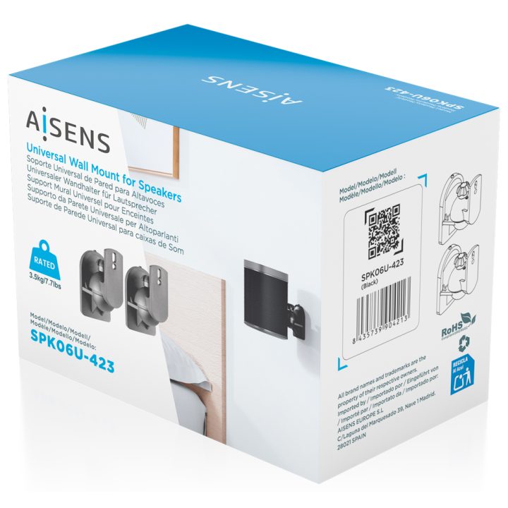 AISENS Universal Swivel and Tilt Wall Mount for Speakers, Black