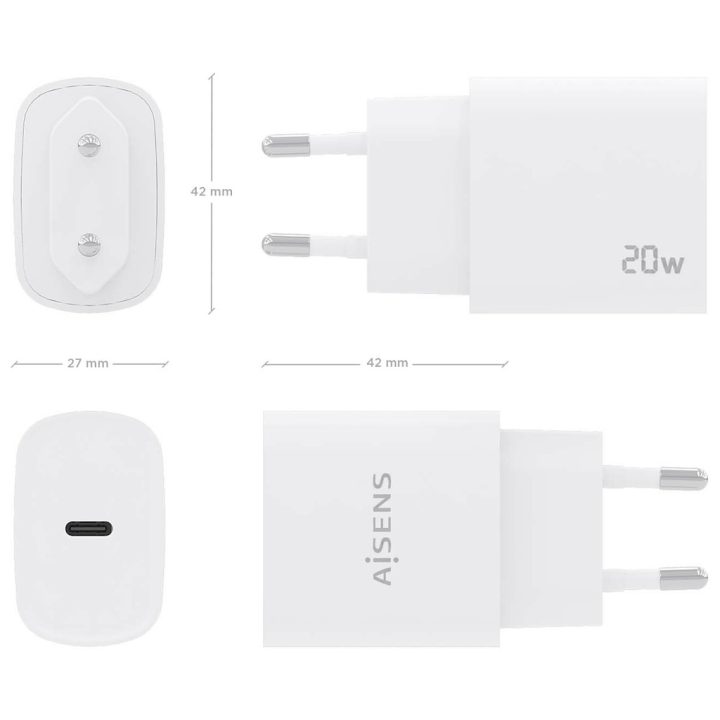 AISENS Cargador USB-C PD3.0 1 Puerto 1xUSB-C 20W, Blanco
