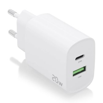 AISENS 20W Charger, 1xUSB-C PD3.0, 1xUSB-A QC3.0, White