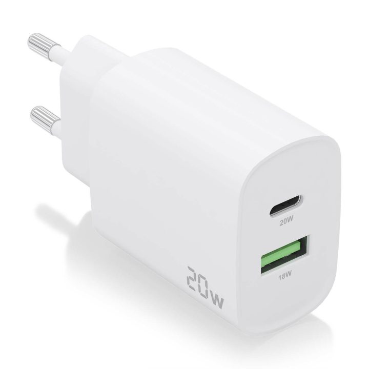 AISENS 20W Charger, 1xUSB-C PD3.0, 1xUSB-A QC3.0, White