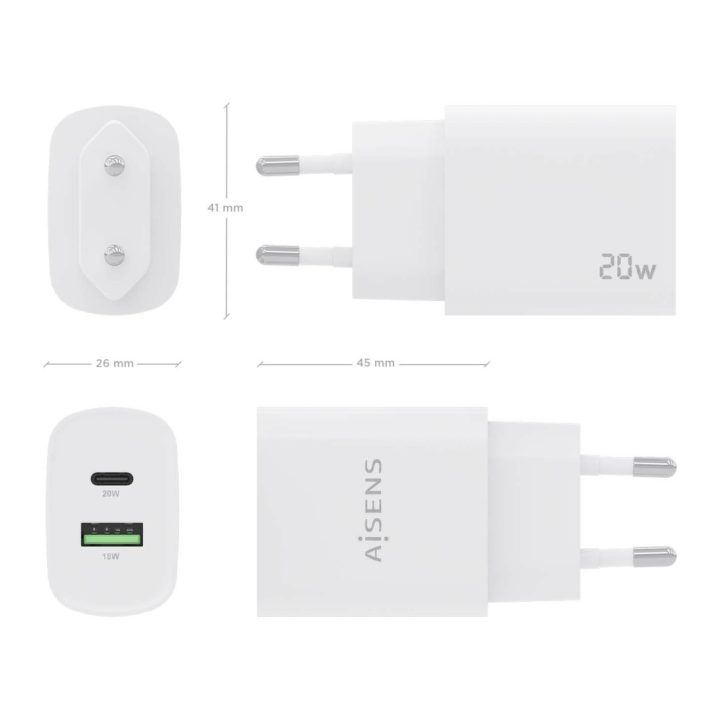 AISENS 20W Charger, 1xUSB-C PD3.0, 1xUSB-A QC3.0, White