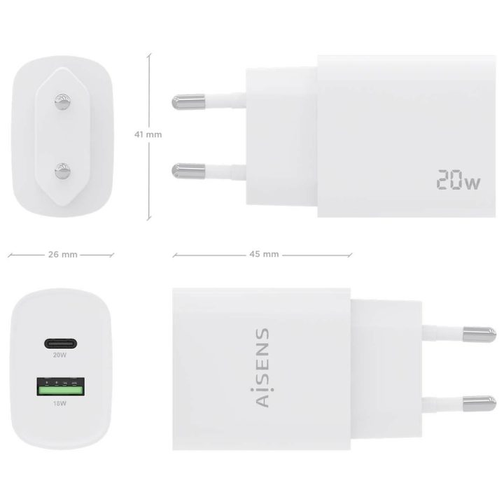 AISENS 20W Charger, 1xUSB-C PD3.0, 1xUSB-A QC3.0, White