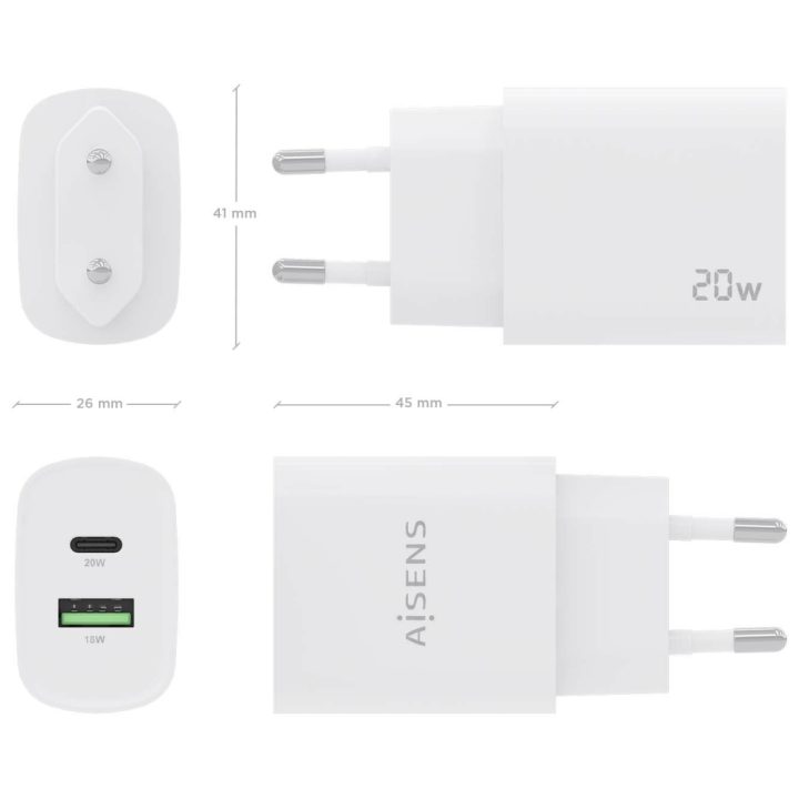 AISENS Carregador 20W, 1xUSB-C PD3.0, 1xUSB-A QC3.0, Branco