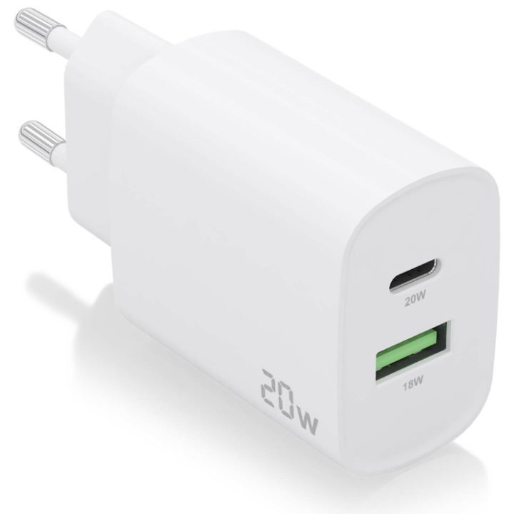 AISENS 20W Charger, 1xUSB-C PD3.0, 1xUSB-A QC3.0, White