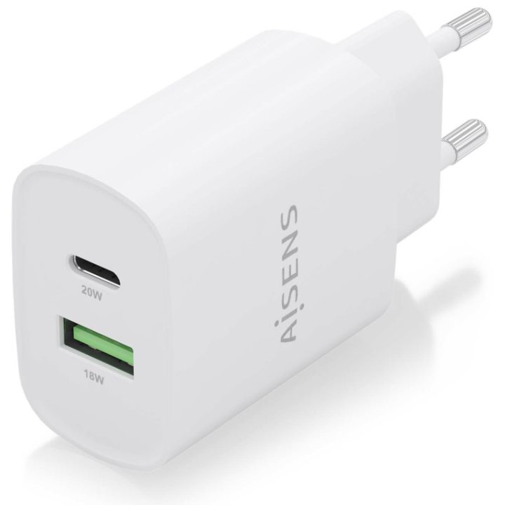 AISENS 20W Charger, 1xUSB-C PD3.0, 1xUSB-A QC3.0, White