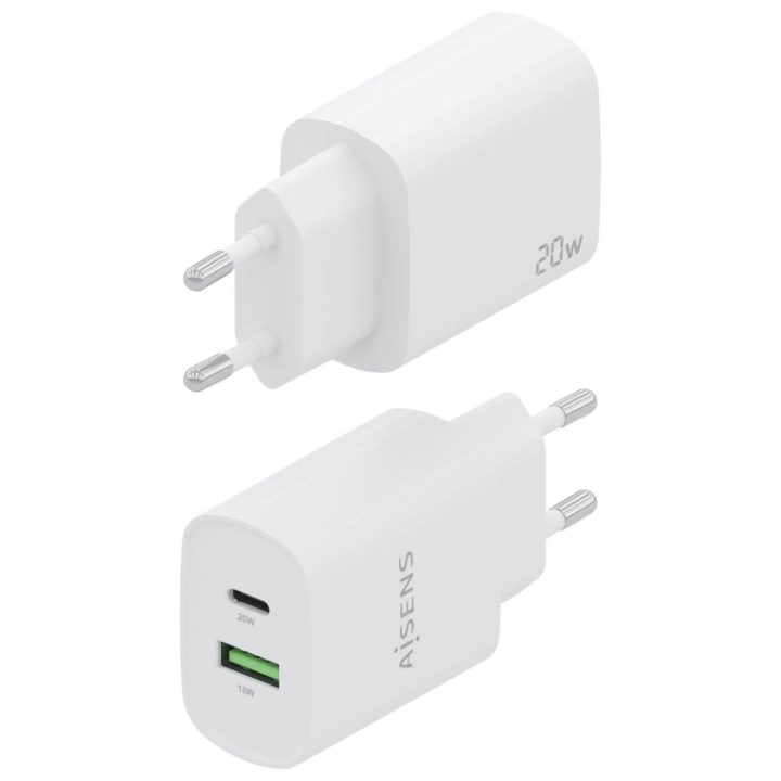 AISENS 20W Charger, 1xUSB-C PD3.0, 1xUSB-A QC3.0, White