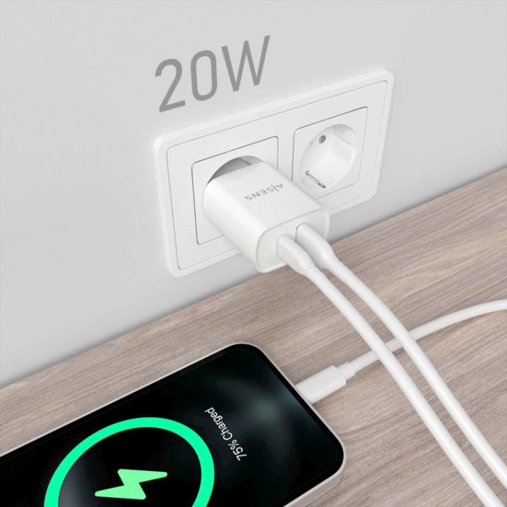 AISENS 20W Charger, 1xUSB-C PD3.0, 1xUSB-A QC3.0, White