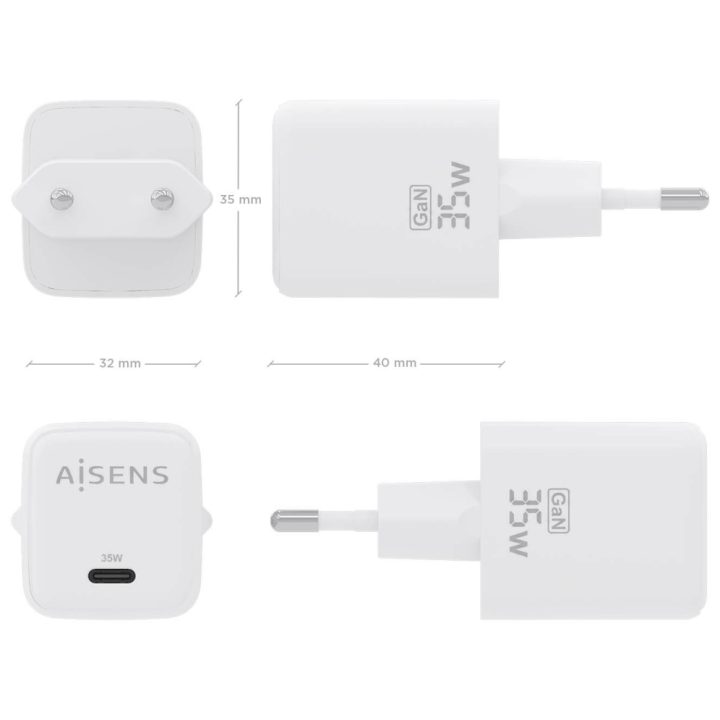 AISENS GaN Charger 35W, 1xUSB-C PD3.0 QC4.0, White