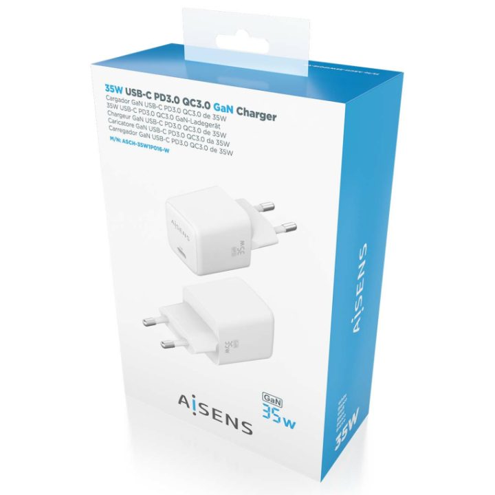 AISENS Carregador GaN 35W, 1xUSB-C PD3.0 QC4.0, Branco