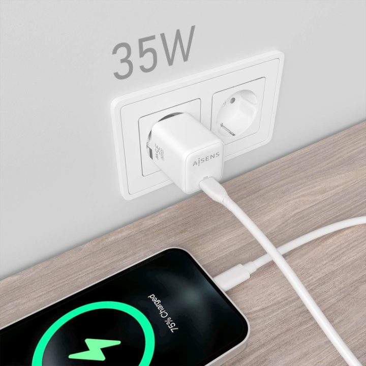 AISENS Carregador GaN 35W, 1xUSB-C PD3.0 QC4.0, Branco