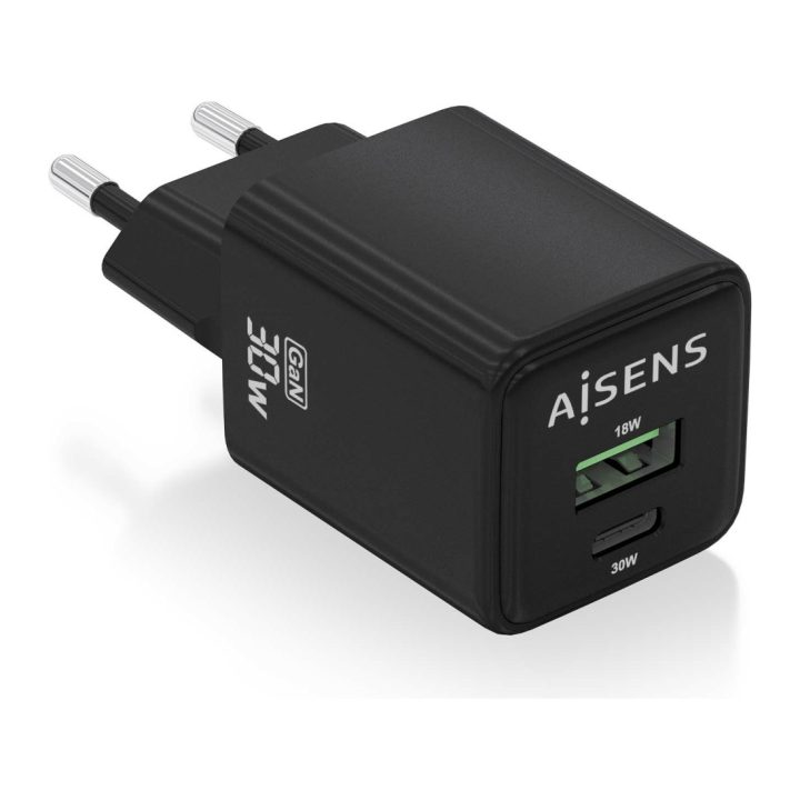 AISENS GaN 30W Charger, 1xUSB-C PD3.0 QC4.0, 1xUSB-A QC3.0, Black