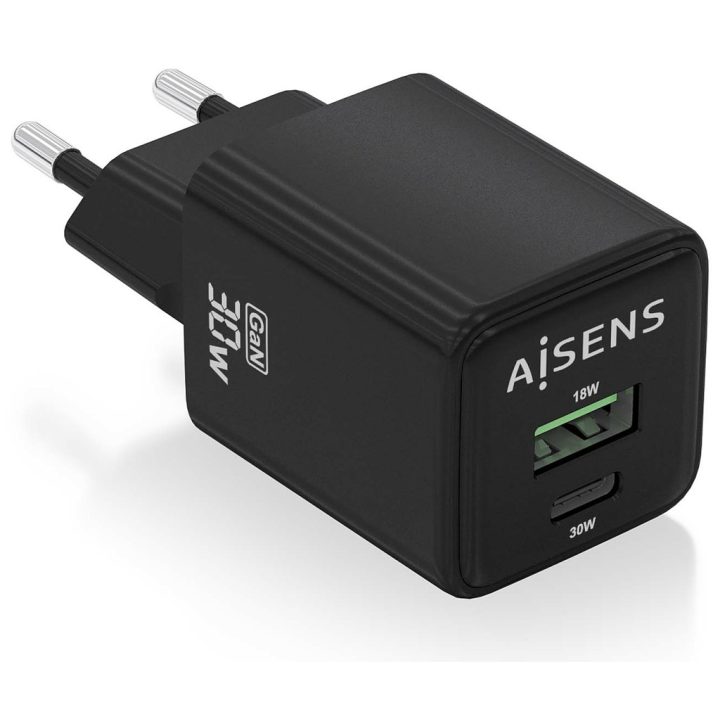 AISENS Carregador GaN 30W, 1xUSB-C PD3.0 QC4.0, 1xUSB-A QC3.0, Preto
