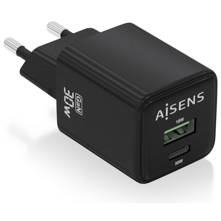 AISENS GaN 30W Charger, 1xUSB-C PD3.0 QC4.0, 1xUSB-A QC3.0, Black