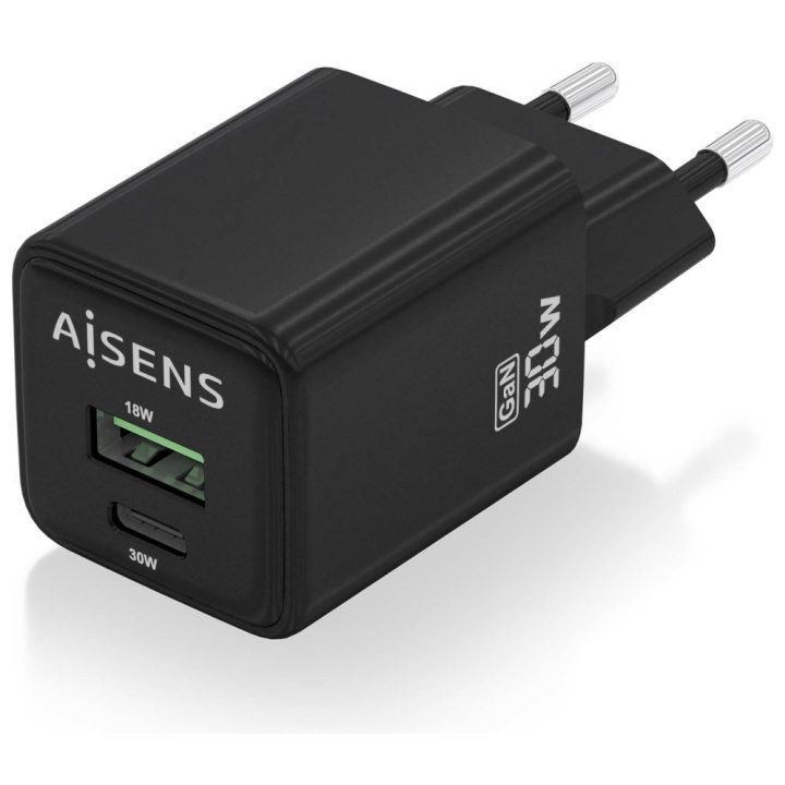 AISENS GaN 30W Charger, 1xUSB-C PD3.0 QC4.0, 1xUSB-A QC3.0, Black