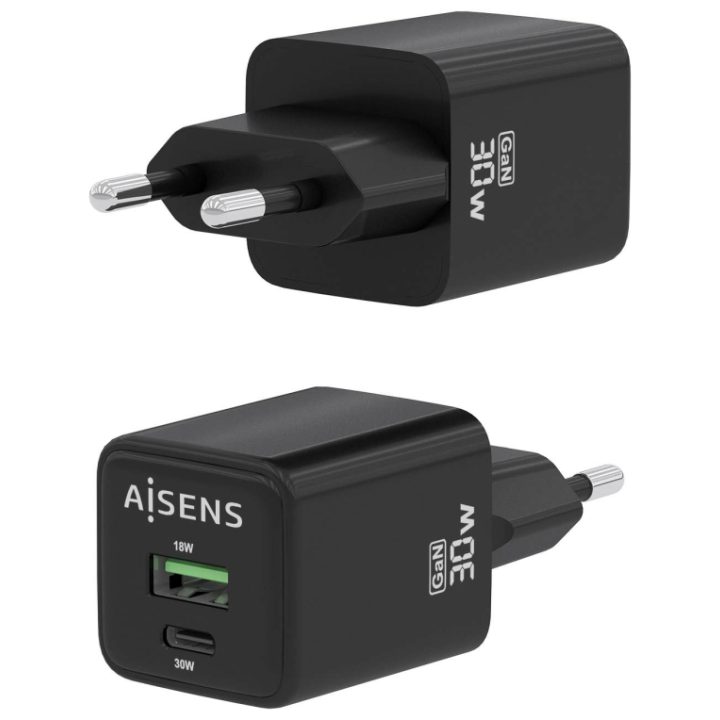 AISENS GaN 30W Charger, 1xUSB-C PD3.0 QC4.0, 1xUSB-A QC3.0, Black