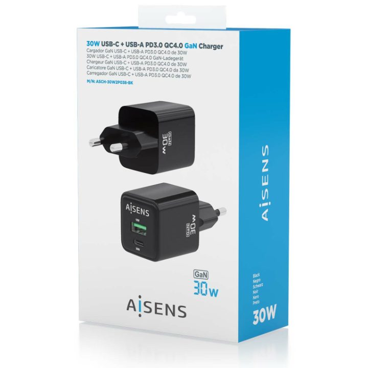 AISENS GaN 30W Charger, 1xUSB-C PD3.0 QC4.0, 1xUSB-A QC3.0, Black