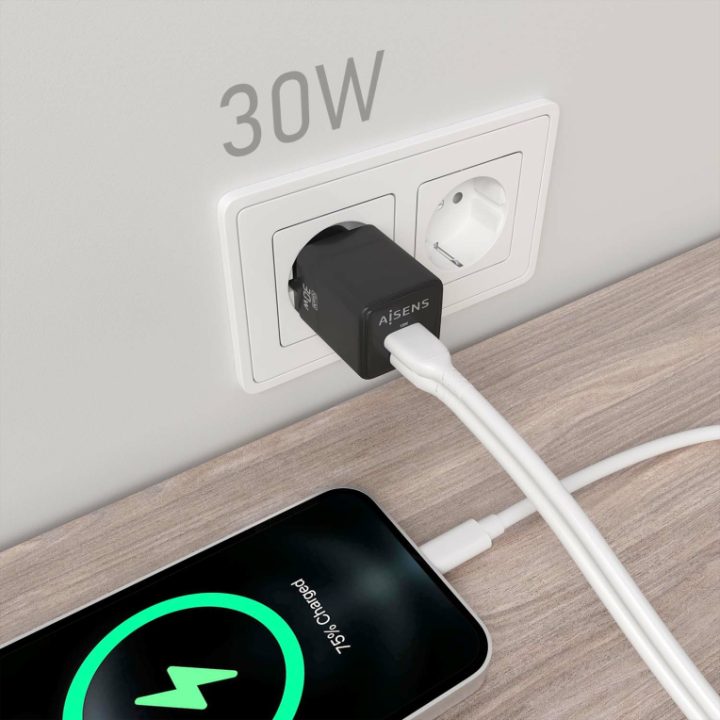 AISENS GaN 30W Charger, 1xUSB-C PD3.0 QC4.0, 1xUSB-A QC3.0, Black